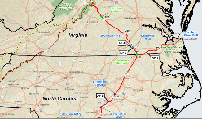 map showing VA and NC route of Atlantic Coast Pipeline