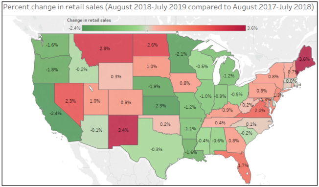 map of US shows changes in retail sales of electricity in each state
