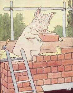 cartoon pig laying bricks